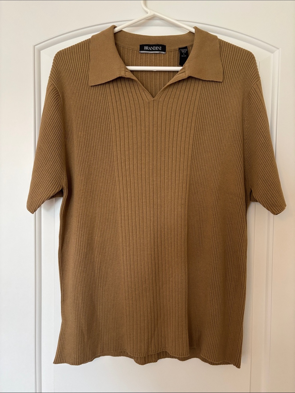 Brandini Camel Ribbed Knit Short Sleeve Polo Sweater Men’s L NWT